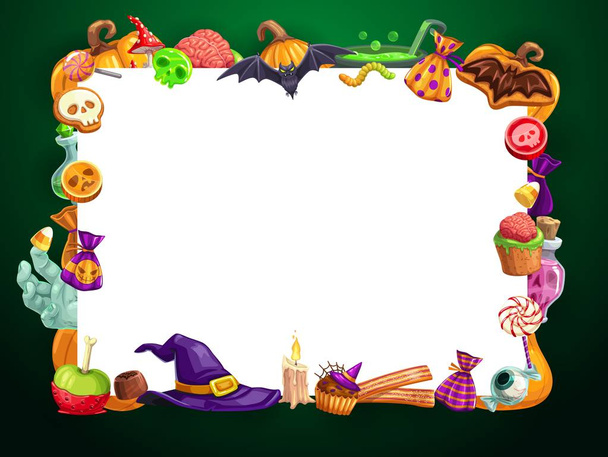 Frame of Halloween sweets, candies and treats, hat - Vector, Image