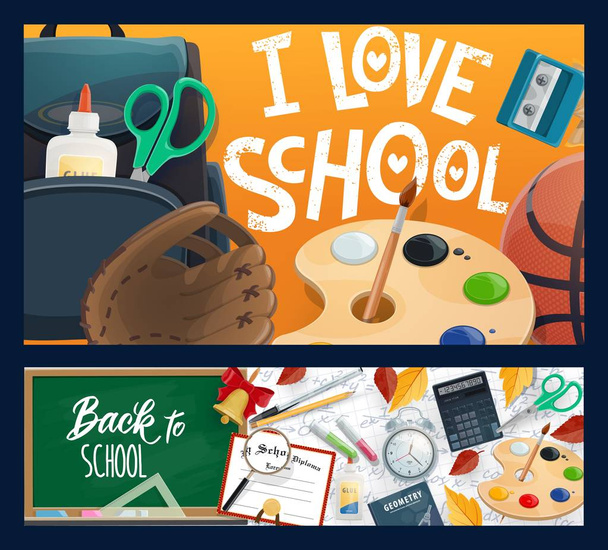 pizarra escolar, mochila, libro y lápiz
 - Vector, Imagen