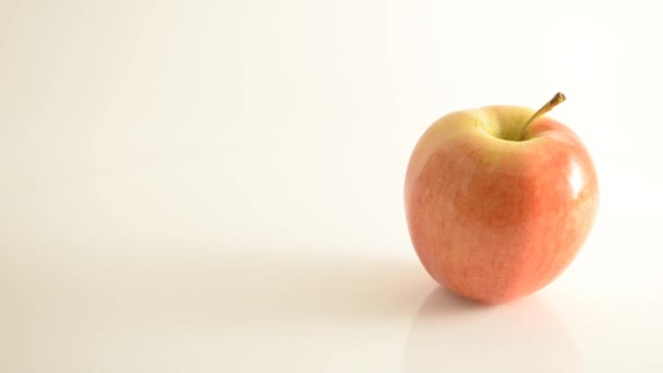 Περιστρεφόμενες βασιλικό gala μήλο σε ακρυλικό κατά λευκό - γερανός κάτω - Πλάνα, βίντεο