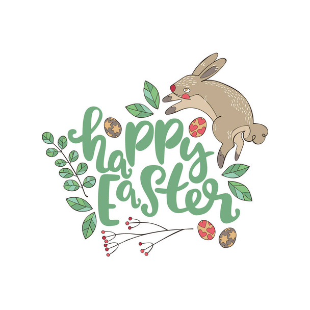 Feliz Pascua. Conejo de Pascua y huevos. Ramas y hojas. Letras. Objetos vectoriales aislados sobre fondo blanco
. - Vector, Imagen