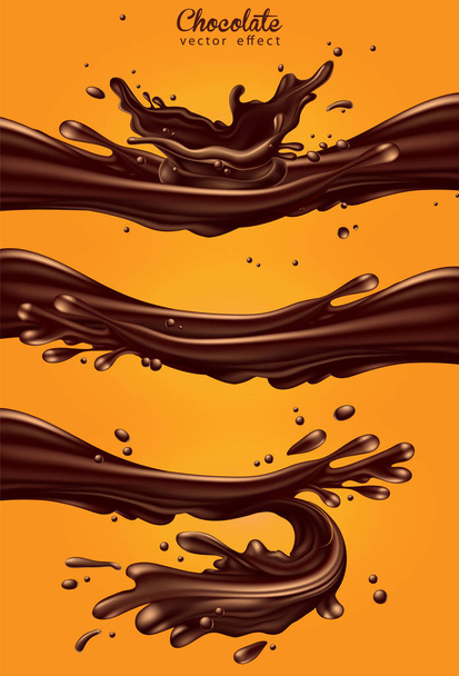 Chocolate advertisement. Three dynamic chocolate jets with splas - Vector, Image