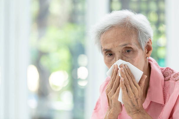Портрет пожилой женщины, сморкающейся в бумажный носовой платок, насморк, чихающей в тканях азиатской пожилой женщины, понятие загрязнения, аллергия на пыль
 - Фото, изображение