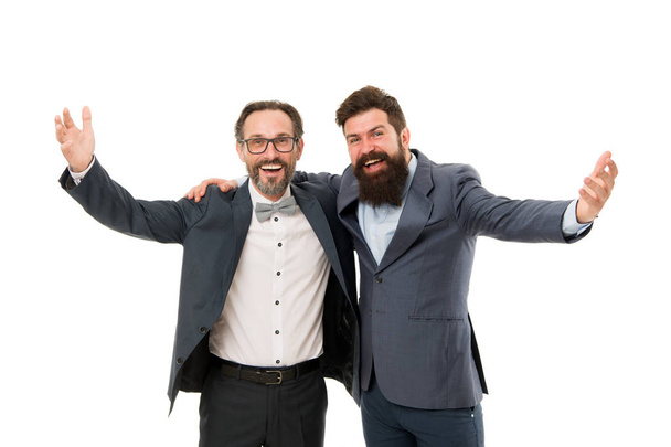 business meeting. team success. collaboration and teamwork. partnership of boss men isolated on white. mature men have own business. bearded businessmen in formal suit. High-five for success - Foto, Imagem