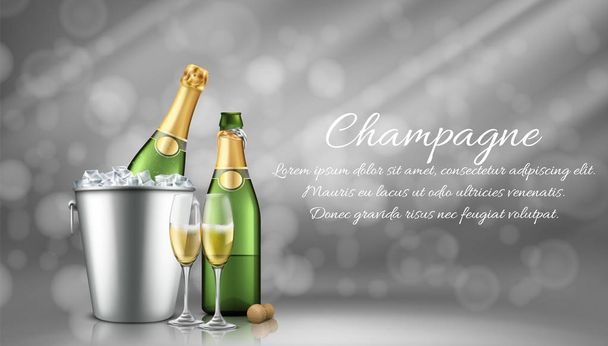 Champagne bottle in ice bucket and two full glasses - Vector, Image