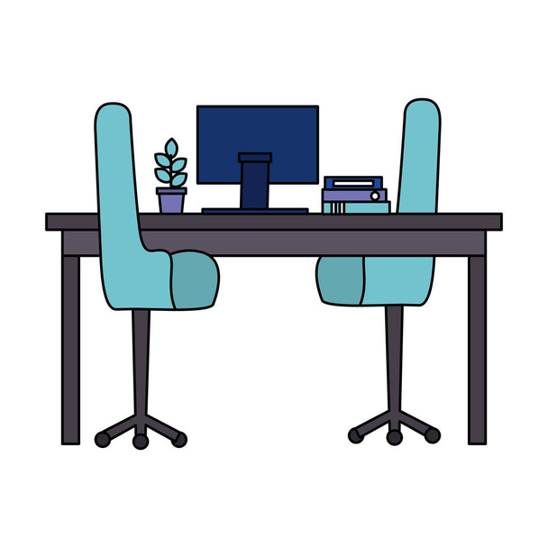 İş yeri sandalyeleri masa başı bilgisayarlı saksı bitkisi - Vektör, Görsel