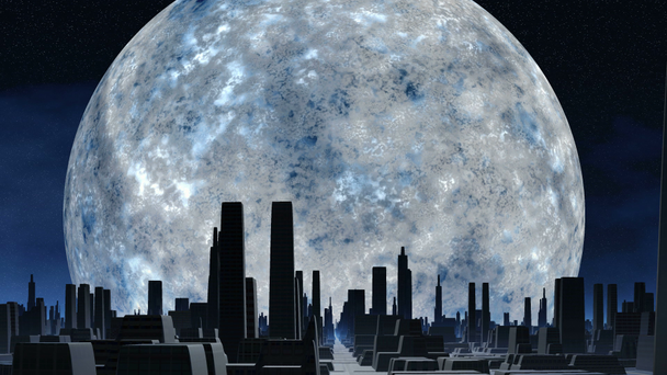 巨大な銀の月と外国人の都市 - 映像、動画