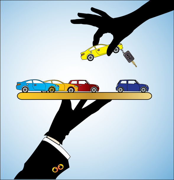 εικονογράφηση έννοια της αγοράς αυτοκινήτου ή ενοικίαση αυτοκινήτου πελάτη επιλέγοντας ένα φωτεινό αυτοκίνητο της επιλογής της από μια σειρά από διαφορετικά αυτοκίνητα προσφέρονται από ο έμπορος αυτοκινήτων - Διάνυσμα, εικόνα