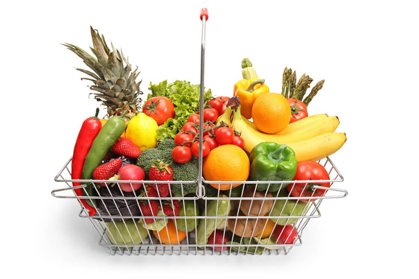Shopping basket with fruit and vegetables isolated on white background - Photo, image