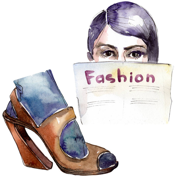 Woman and shoes sketch glamour illustration in a watercolor style isolated element. Watercolour background set. - Valokuva, kuva