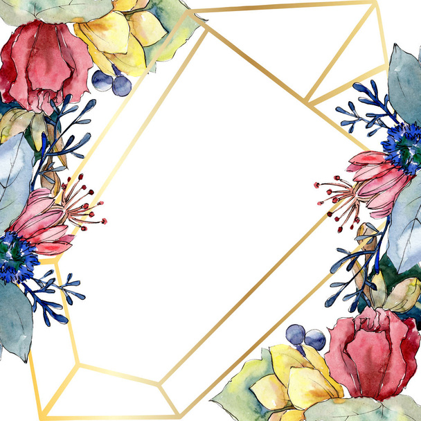 Bouquet floral botanical flowers. Watercolor background illustration set. Frame border ornament square. - Zdjęcie, obraz