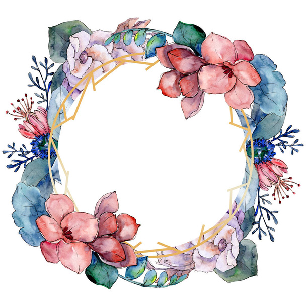 Bouquet floral botanical flowers. Watercolor background illustration set. Frame border ornament square. - 写真・画像