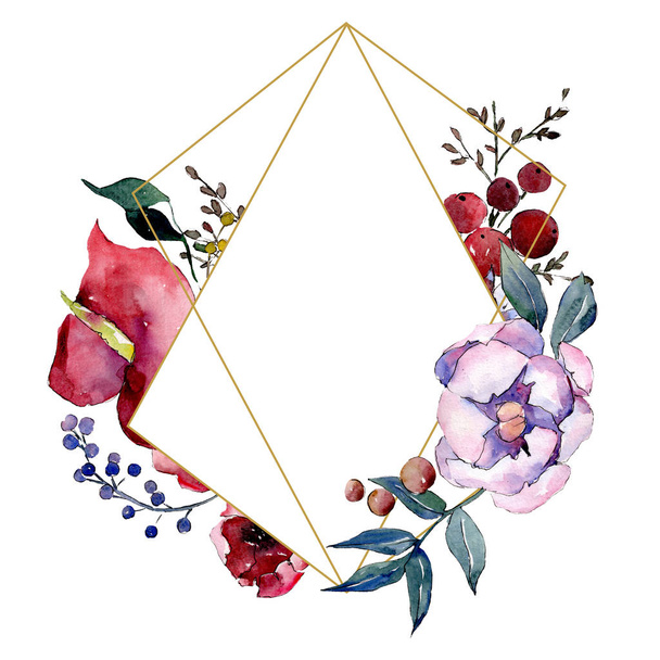 Blumenstrauß botanische Blumen. Aquarell Hintergrundillustration Set. Rahmen Rand Ornament Quadrat. - Foto, Bild