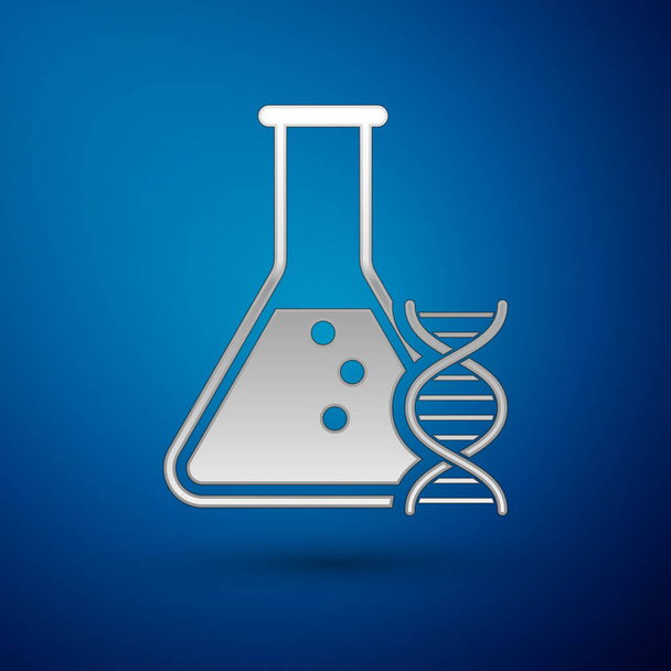 Silver DNA research, search icon isolated on blue background. Genetic engineering, genetics testing, cloning, paternity testing. Vector Illustration - Vector, Image