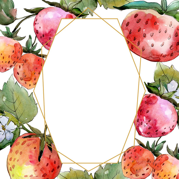 Strawberry healthy food. Watercolor background illustration set. Frame border crystal ornament square. - Foto, Imagen