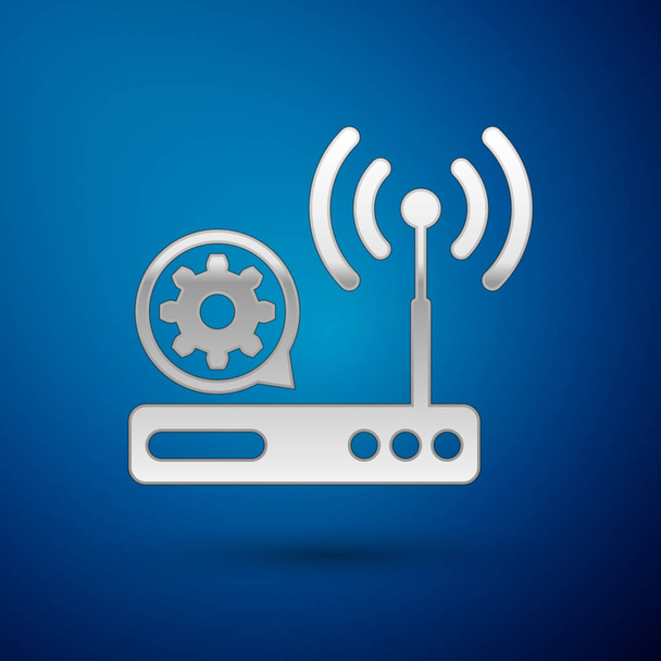 Router plateado y señal wi-fi e icono de engranaje aislado sobre fondo azul. Ajustar la aplicación, concepto de servicio, opciones de configuración, mantenimiento, reparación, fijación. Ilustración vectorial
 - Vector, imagen