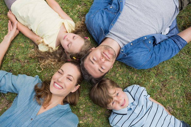 High angle view of happy parents and kids lying at the park - Foto, immagini
