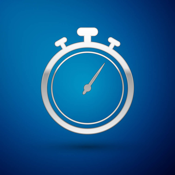 Піктограма срібного секундоміра ізольована на синьому фоні. Часовий знак таймера. Знак хронометра. Векторна ілюстрація
 - Вектор, зображення
