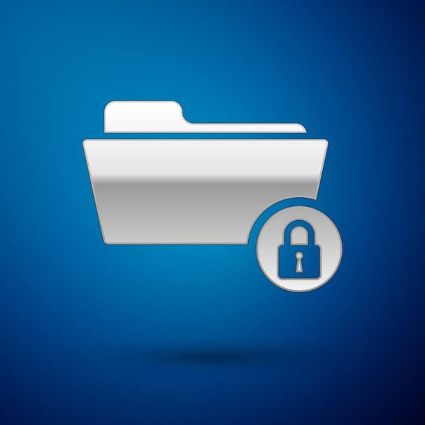 Silver Folder and lock icon isolated on blue background. Closed folder and padlock. Security, safety, protection concept. Vector Illustration - Vector, Image