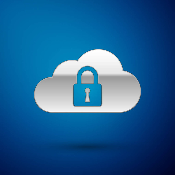 Icono de bloqueo de computación Silver Cloud aislado sobre fondo azul. Seguridad, seguridad, concepto de protección. Ilustración vectorial
 - Vector, imagen