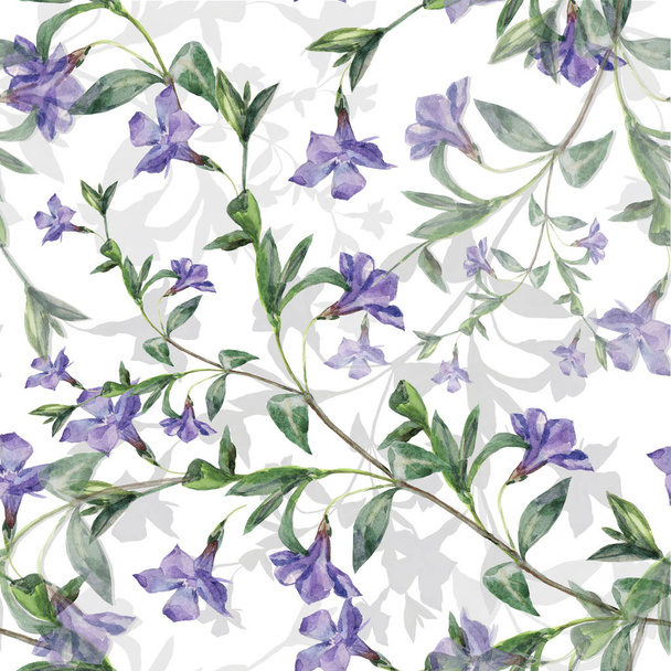 Watercolor meadow branch periwinkle. Seamless pattern on white background. - Фото, изображение