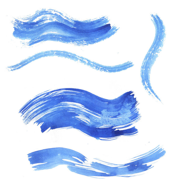 Abstract bright blue brushstrokes isolated on white background. Hand drawn watercolor illustration - Foto, Imagem