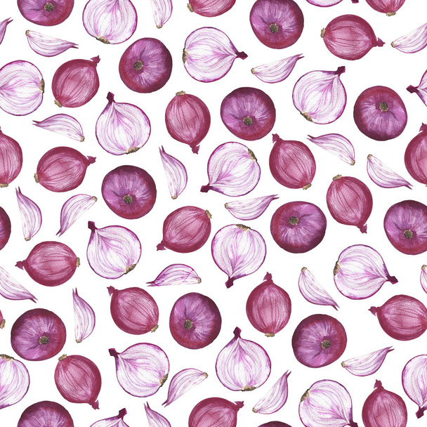 Seamless pattern with fresh red onions on white background. Hand drawn watercolor illustration.  - Φωτογραφία, εικόνα