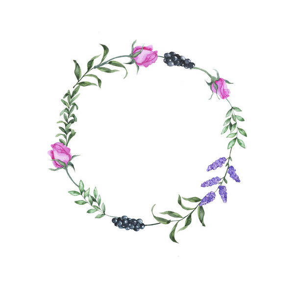 Garden flowers and green leaves decorative frame isolated ob white background. Hand drawn watercolor illustration. - 写真・画像