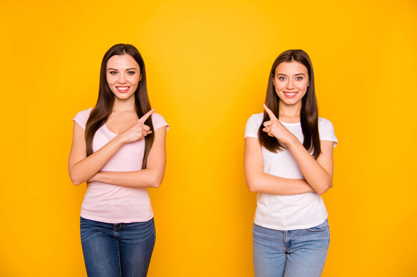Portrait of nice cute charming lovely sweet attractive cheerful cheery straight-haired ladies pointing forefingers up isolated over bright vivid shine background - Foto, afbeelding