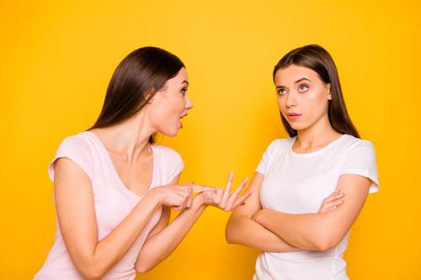 Portrait of nice-looking cute charming attractive irritated annoyed straight-haired girls discussing disagreement having fight scandal isolated over bright vivid shine background - Fotografie, Obrázek