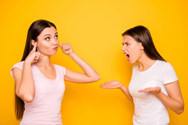 Portrait of nice-looking cute charming lovely attractive irritated annoyed mad depressed straight-haired girls disagreement having fight scandal isolated over bright vivid shine background - Photo, image