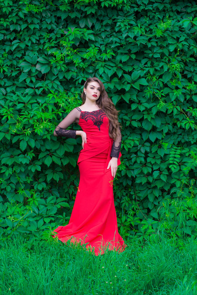 Beautiful young girl with long hair in an evening fashionable red dress with red lipstick on the lips on the street in the green summer garden - Photo, Image