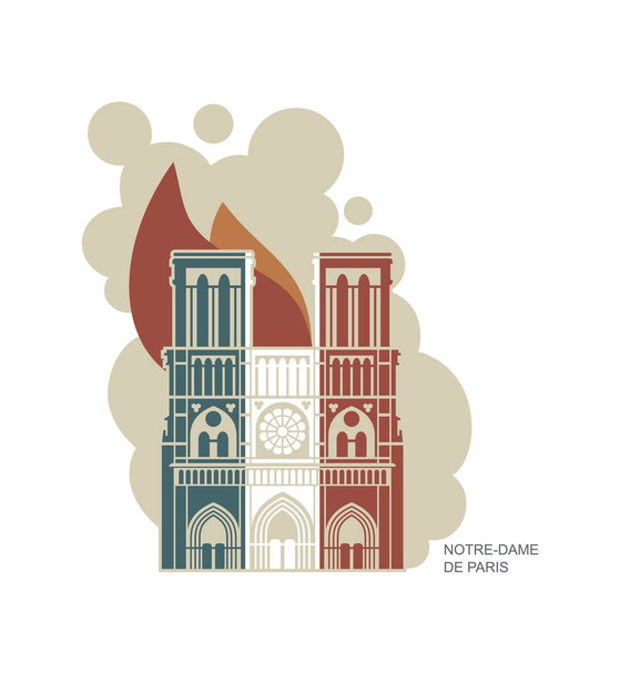 Нотр-Дам де Паризький собор в кольорах французького прапора. Пожежа. Піктограма «Векторна квартира» - Вектор, зображення