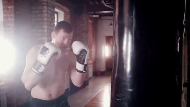 An athletic man boxer training with a punching bag - Footage, Video