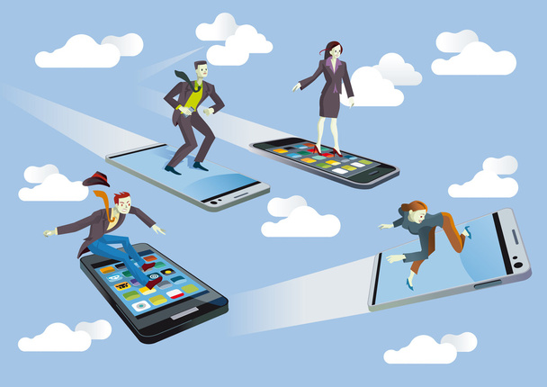 Business with Flying smartphones - Vector, Image