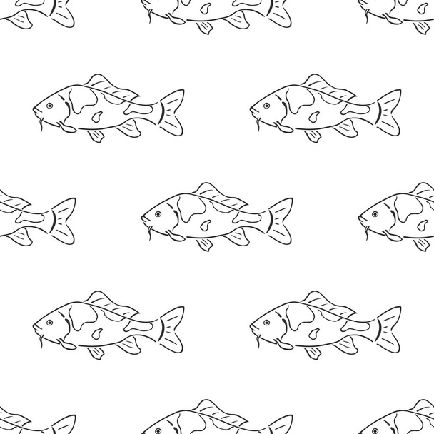 Japanese carp koi character abstract ink hand drawn vector seamless pattern. Retro illustration. Freshwater river and pond asian fish curve paint sign. Doodle sketch. Element for design, fabric print. - Vector, imagen