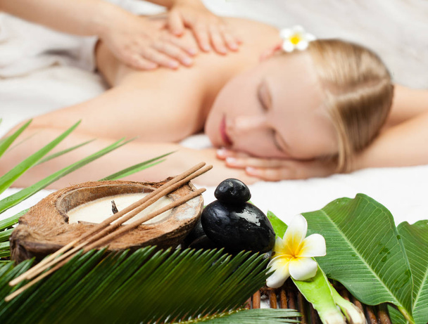 Spa massage with aromatherapy procedure. Beautiful young woman - Photo, Image