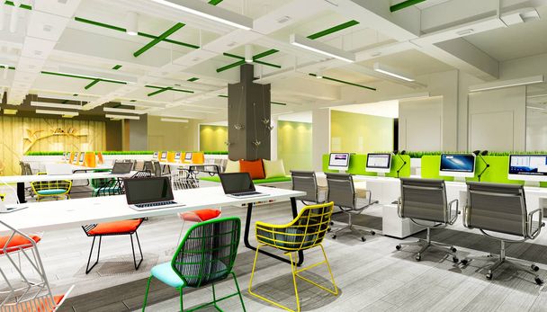 3D Render nowoczesna przestrzeń robocza, Wnętrze biura - Zdjęcie, obraz