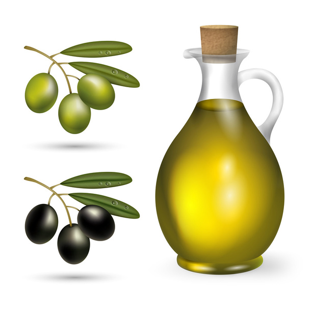 Small bottle of olive oil with green and black olives - Фото, зображення