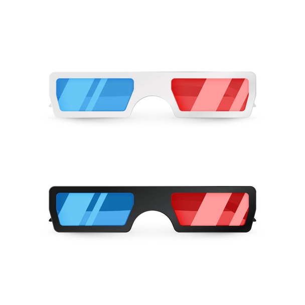Realistic 3d white and black glasses front view. Paper cinema glasses with red and blue glass. Vector illustration - Vector, Imagen