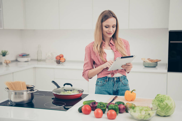 Close up photo beautiful amazing she her lady hold hands arms e-reader write type new recipe while food prepare homey wear domestic home apparel shirt jeans denim outfit bright home kitchen indoors - Фото, изображение