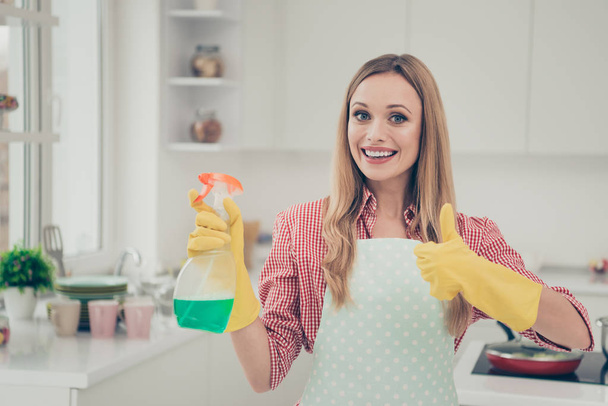 Close up photo beautiful nice duties she her lady stand shiny white bright kitchen house finished work hold detergent advising use user buy buyer wear casual jeans denim shirt apron flat indoors - Fotó, kép