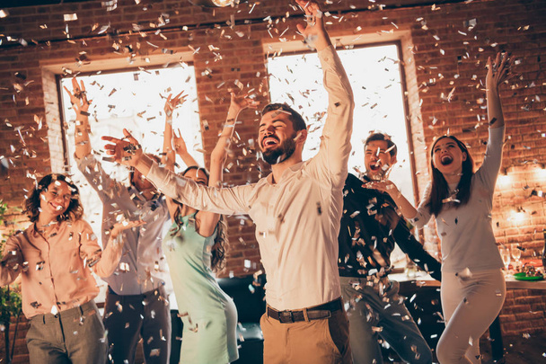 Close up photo yelling best friends hang out dancing great time drunk birthday sing singer hands arms raised up she her ladies he him his guys wear dress shirts formalwear glitter loft room indoors - Foto, imagen