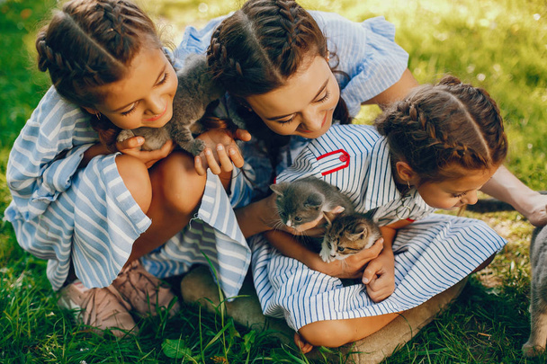 three beautiful girls with cats - Фото, изображение