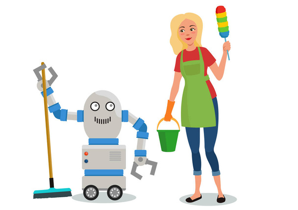 Hausfrau putzt mit Roboter. Reinigungstag isolierte Charaktere.  - Vektor, Bild
