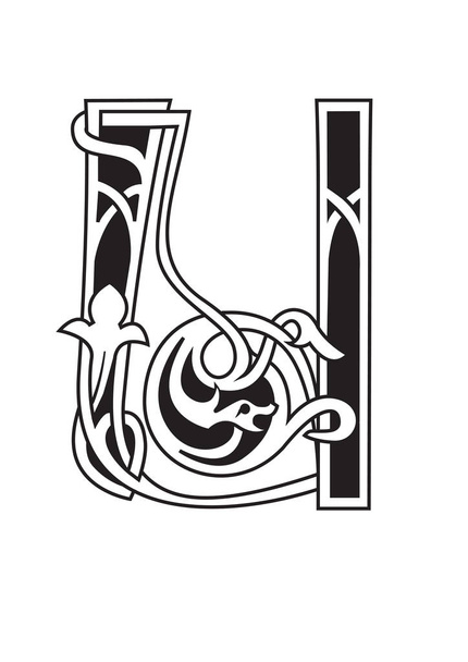 Decorative Capital Medieval Illuminated Letter U. Initial. Vector. Isolated. - Вектор,изображение