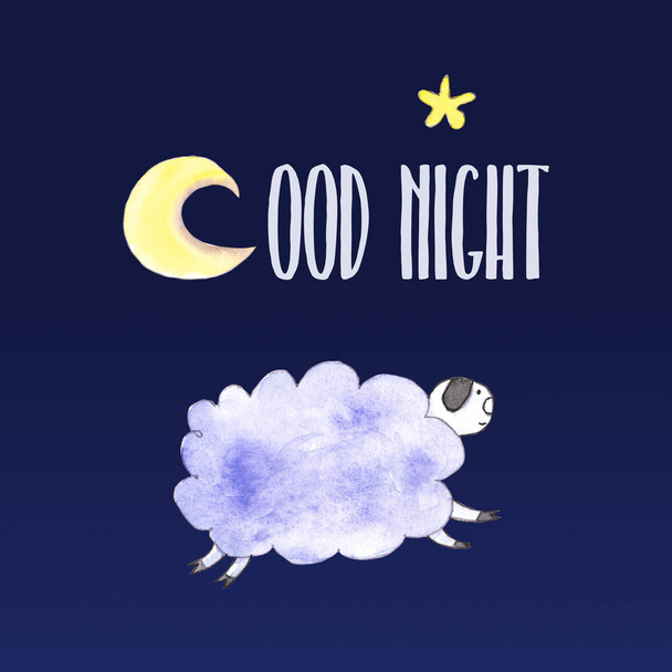 Πρόβατα και φεγγάρι καλή βραδινή κάρτα - Φωτογραφία, εικόνα