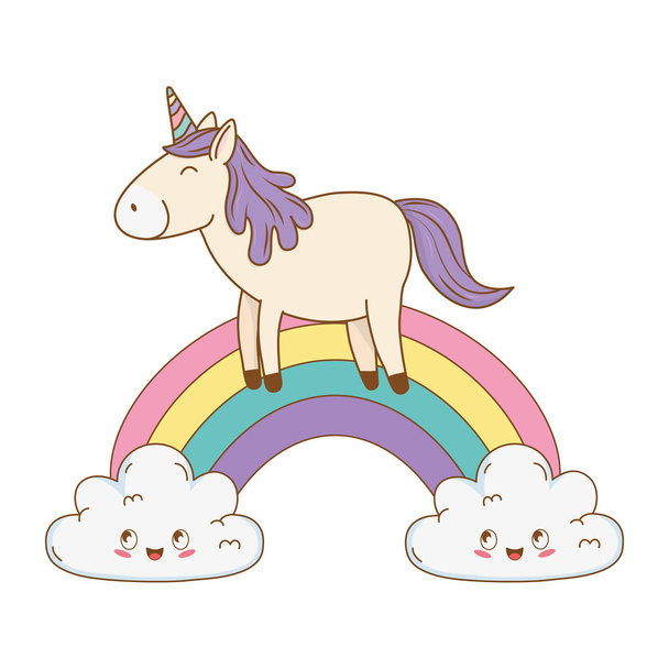 schattig fairytale unicorn in wolken regenboog - Vector, afbeelding