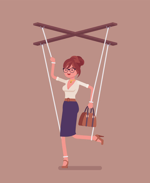 Marionette businesswoman, manipulated or controlled puppet worked by strings - Vector, Image