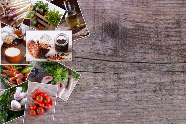 Collage of food photos on rustic wooden background with copy space for text - Fotoğraf, Görsel
