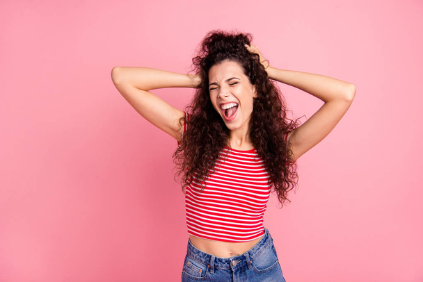 Portrait of her she nice-looking attractive charming cute shine winsome cheerful cheery wavy-haired girl having fun time party isolated over pink pastel background - Foto, imagen